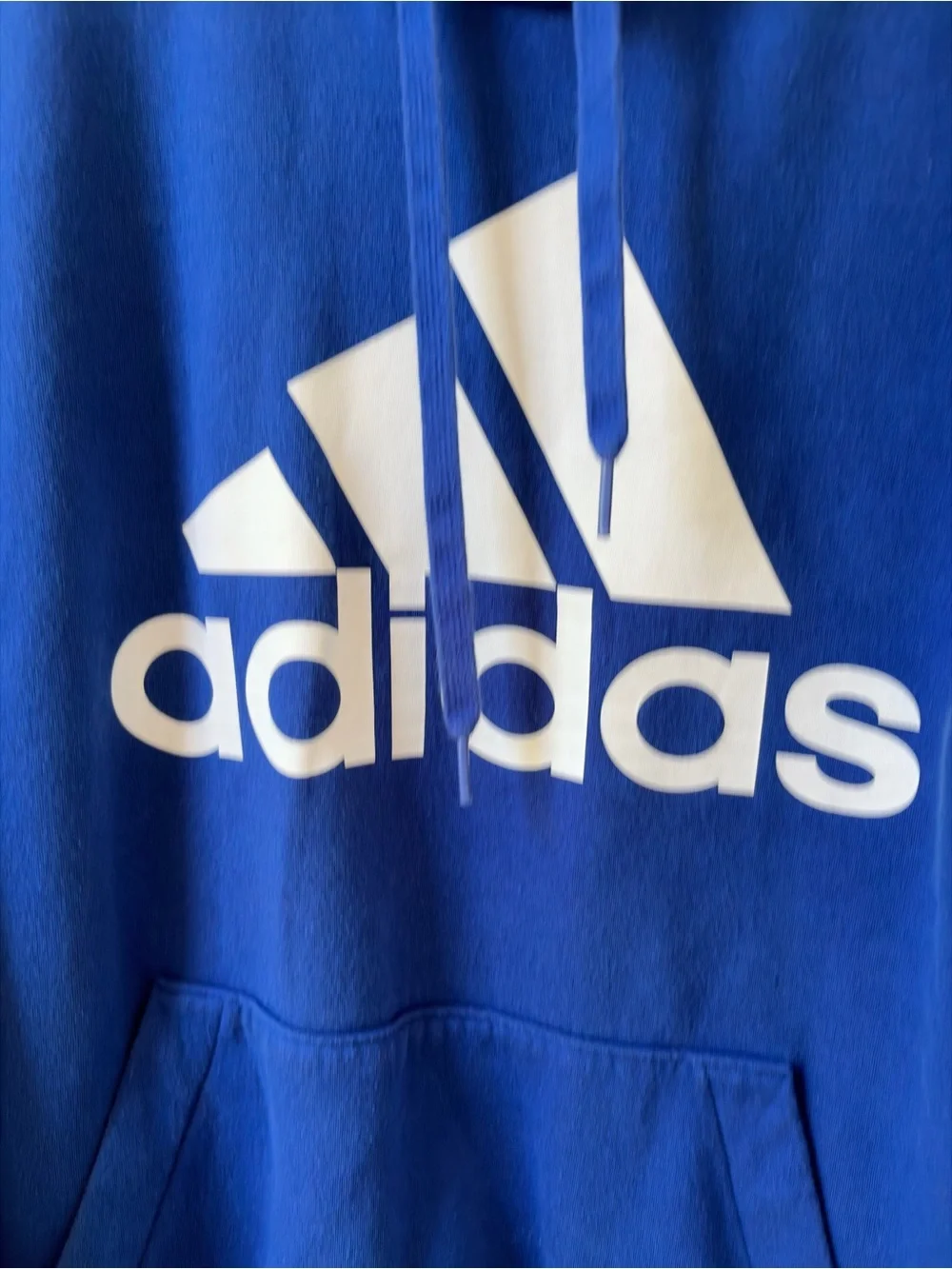 Adidas Blue Hoodie with White Logo and Shoulder Stripes
